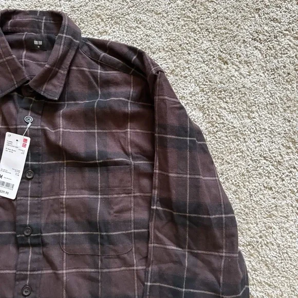 Uniqlo Button Up Flannel Shirt Med Mens Black Plaid 100% Cotton Long Sleeve - Picture 5 of 7